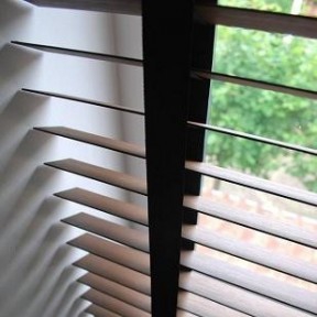 In de dag , kastanje 50mm Bamboe jaloezieen met walnoot 25mm ladderband